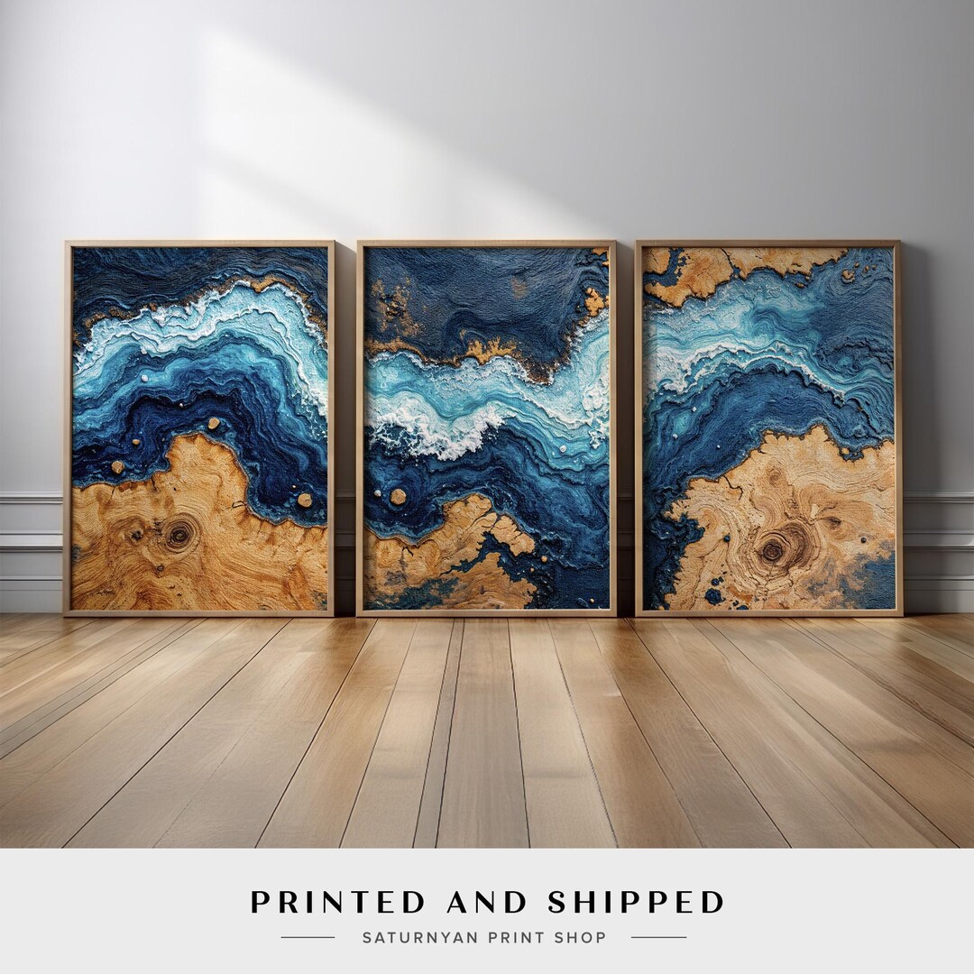 Ocean Wave Wall Art Set of 3 | Earthy Blue and Wood Abstract Canvas ...