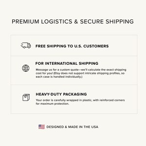 May include: A graphic with information about shipping options for customers. It includes free shipping to the U.S., international shipping with a custom quote, and heavy-duty packaging. The graphic also states that the products are designed and made in the USA.
