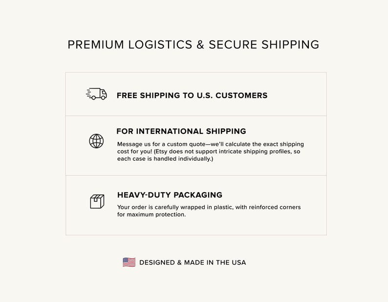 May include: A graphic with information about shipping options for customers. It includes free shipping to the U.S., international shipping with a custom quote, and heavy-duty packaging. The graphic also states that the products are designed and made in the USA.