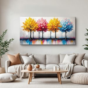 Colorful Four Seasons Tree Painting, Abstract Landscape Canvas Print, Autumn Winter Summer Spring Wall Art, Vibrant Modern Home Decor