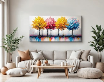 Colorful Four Seasons Tree Painting, Abstract Landscape Canvas Print, Autumn Winter Summer Spring Wall Art, Vibrant Modern Home Decor