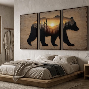 Bear Silhouette Nature Wall Art Triptych | Mountain Forest Sunset Canvas Prints Set of 3 | Cabin Lodge Decor