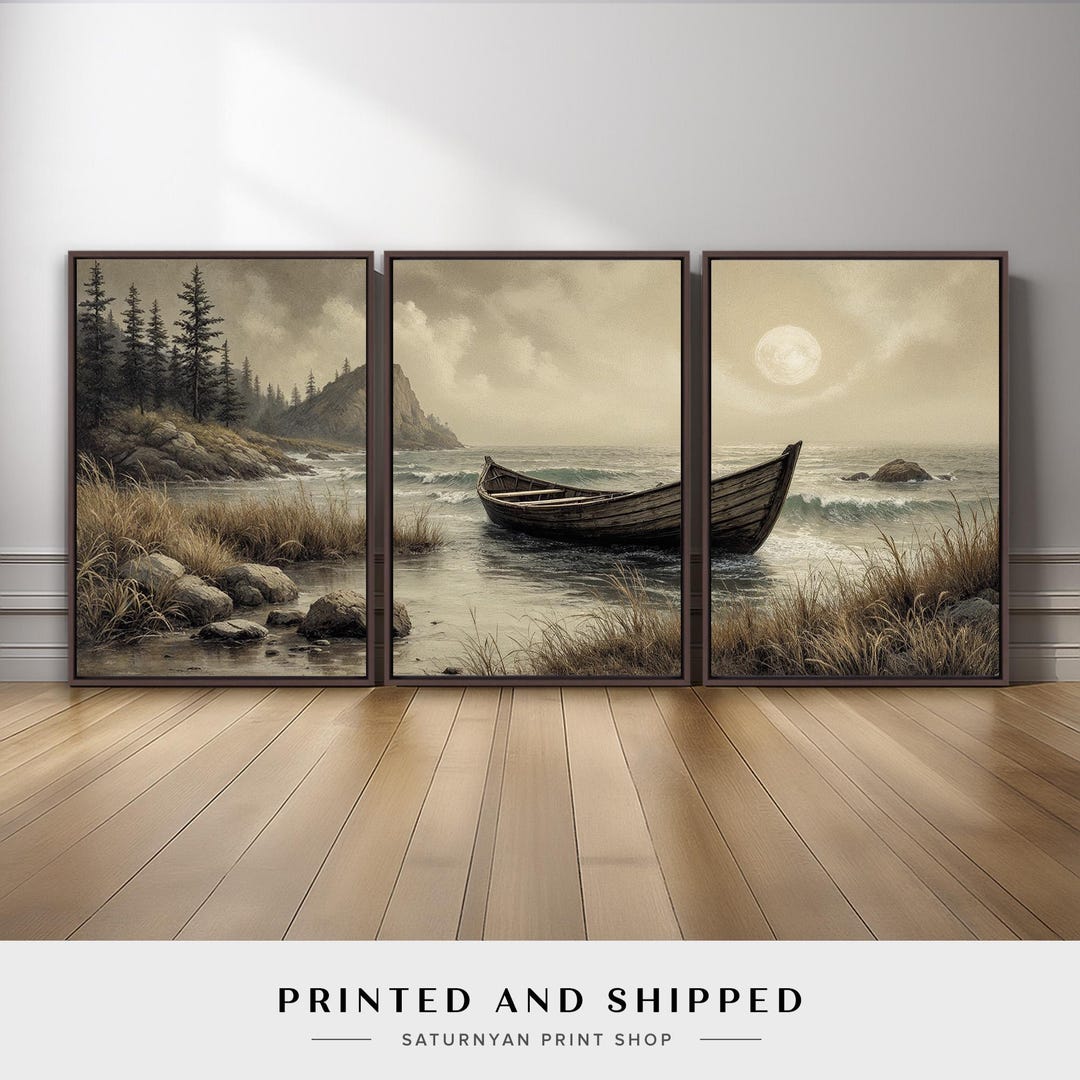 Coastal Boat Vintage Wall Art Set of 3 | Moody Ocean Rustic Wooden ...