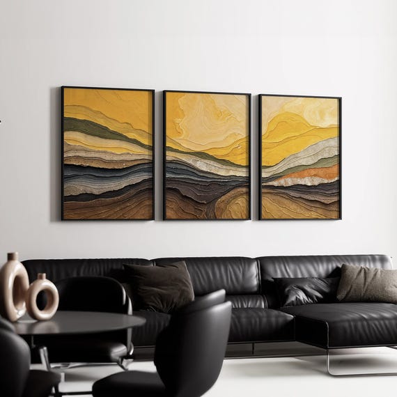Golden Yellow Abstract Wall Art Set of 3 | Earth Brown Tone