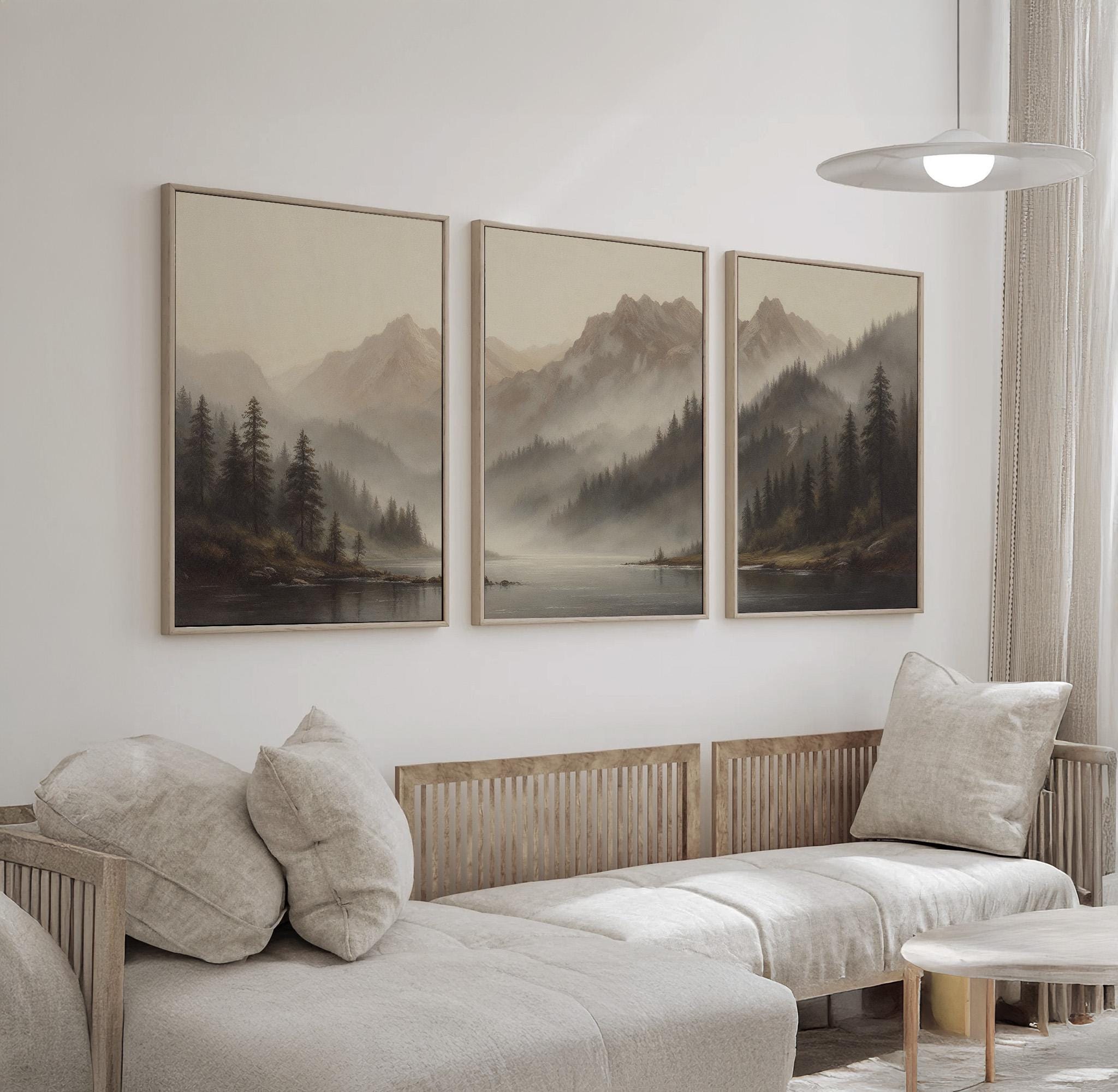 Neutral Landscape Wall Art Set of 3 | Misty Mountain Lake Canvas Prints ...