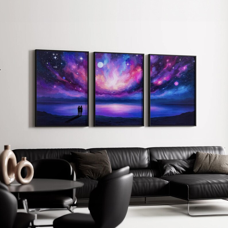 Galaxy Night Sky Wall Art Triptych | Couple Silhouette Under Stars ...