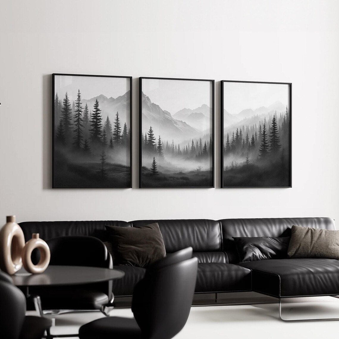 Monochrome Landscape Triptych | Misty Pine Tree and Mountain Wall Art ...