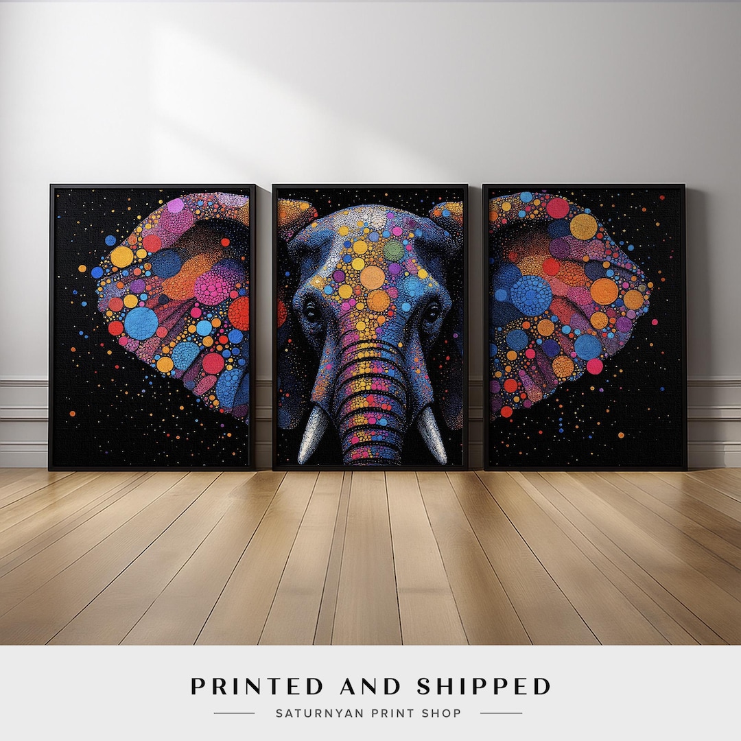 Colorful Elephant Wall Art Set of 3 | Abstract Animal Canvas Prints ...