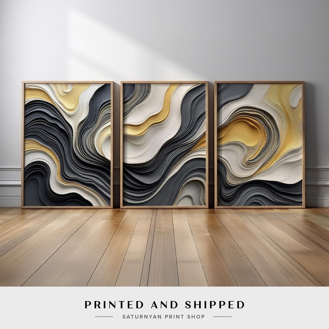 Modern Abstract Flow Wall Art | Black White Gold Gray Wave Canvas or ...