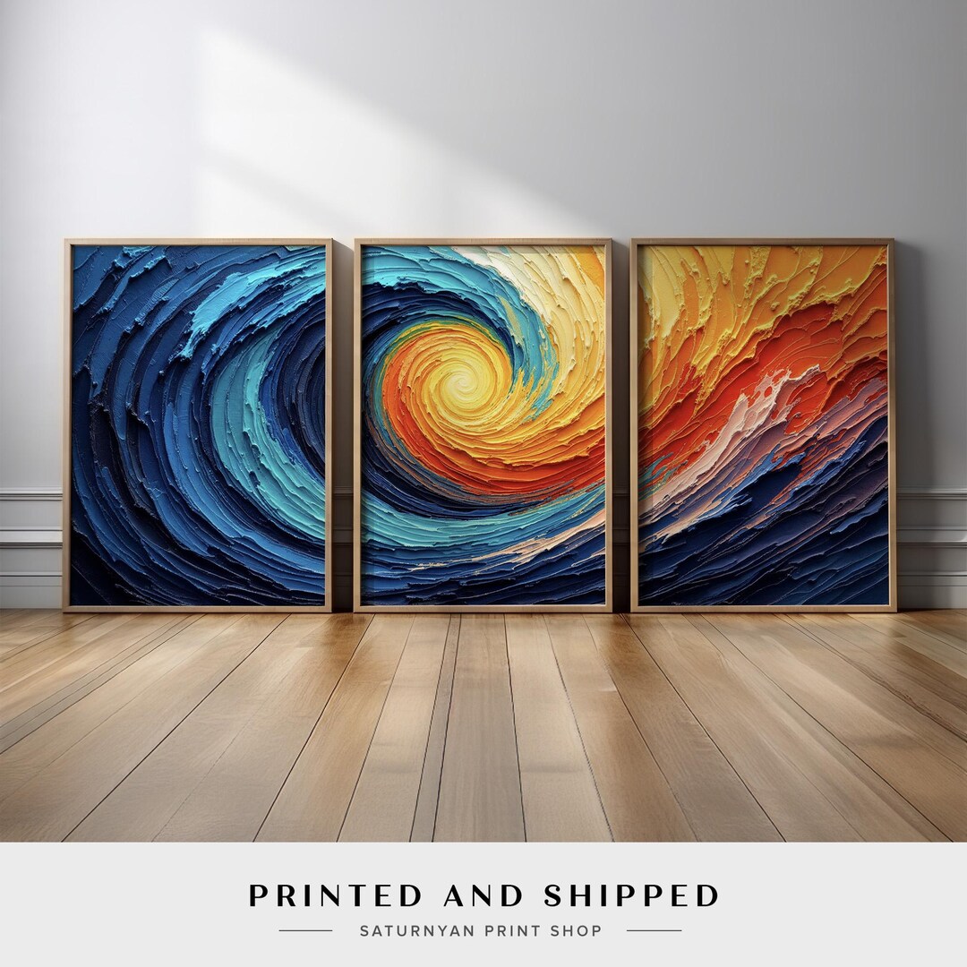 Vibrant Swirling Wave Wall Art | Abstract Ocean Wave Canvas Print Set ...