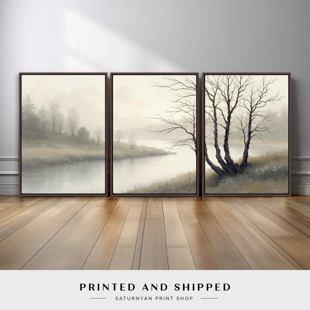 Neutral Landscape Wall Art Triptych | Misty Tree and River Canvas ...