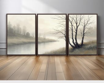 Neutral Landscape Wall Art Triptych | Misty Tree and River Canvas Prints | Tranquil Nature Artwork for Japandi, Rustic, Minimalist Decor