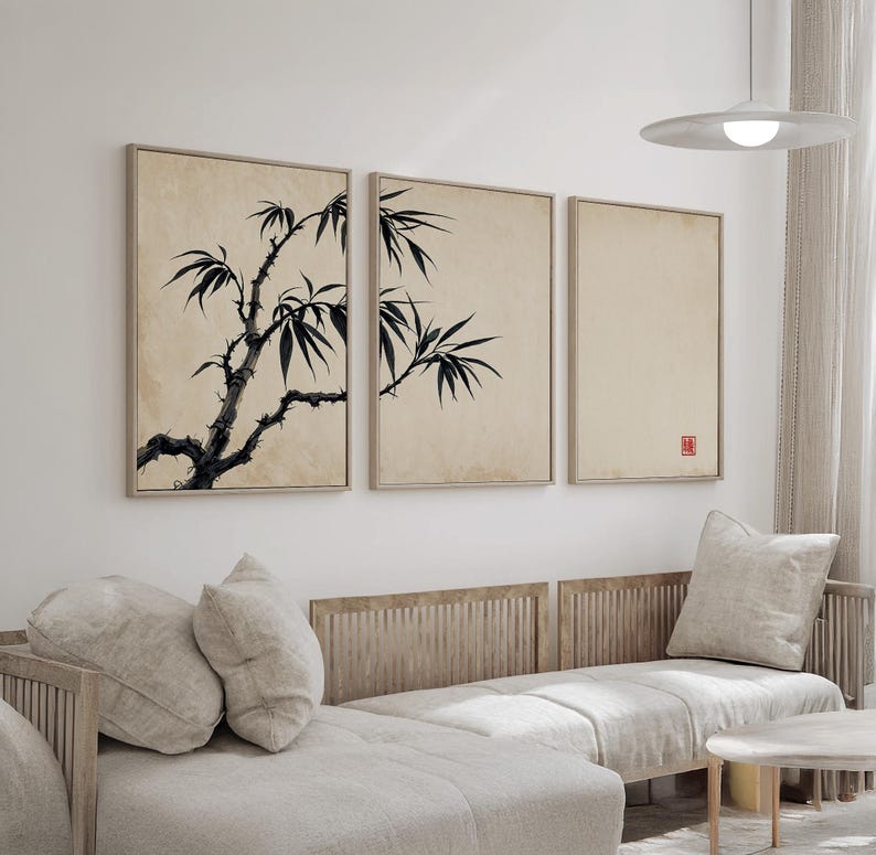 Japanese Minimalist Bamboo Wall Art Set of 3 | Zen Sumi-e Ink Painting ...
