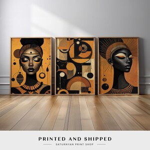 Afrocentric Wall Art Set of 3 | Bold Black Woman Portraits with Geometric Patterns in Gold and Black | Modern Cultural Home Decor