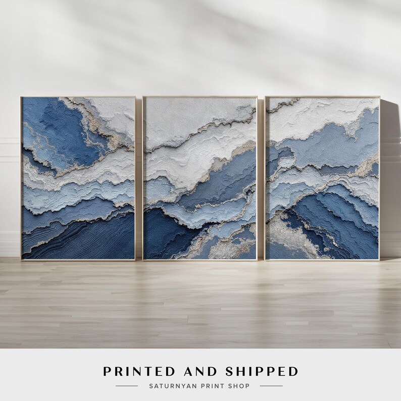 Ocean Inspired Abstract Wall Art Set of 3 | Navy, Sky & White Canvas ...