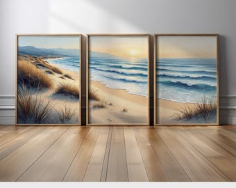 Ocean Beach Wall Art Set | Tranquil Seaside and Soft Waves Canvas Prints | Calm Coastal Triptych for Living Room Wall Decor