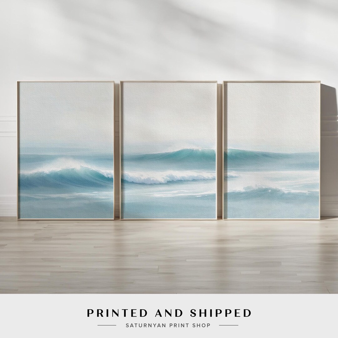 Blue Sea Wave Canvas Wall Art Set of 3 | Tranquil Ocean Triptych With ...