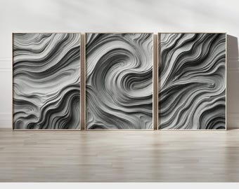 Monochrome Fluid Wave Wall Art Set | Abstract Grayscale Flow Triptych Print | Minimalist Sandstone Painting for Contemporary Home Interiors