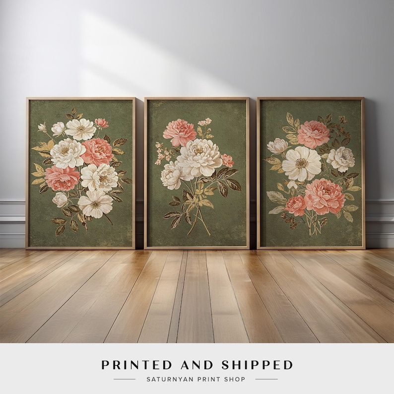 Vintage Floral Triptych Wall Art | Elegant Botanical Set of 3 With ...