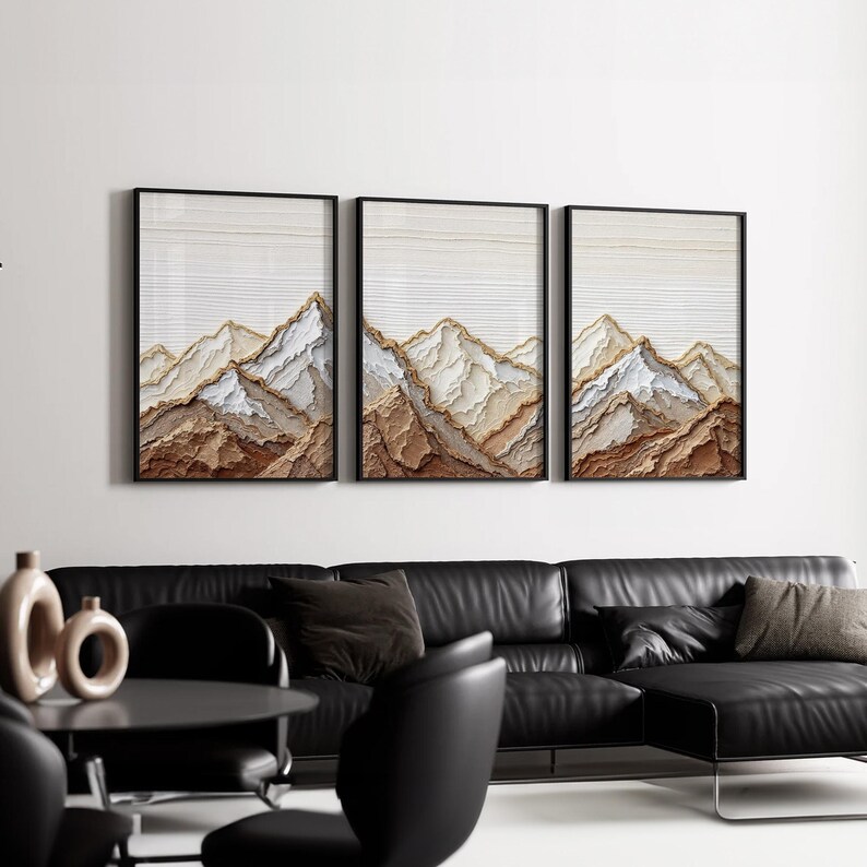 3 Piece Mountain Canvas Prints Wall Art | Rustic Earthy Peaks in Warm ...