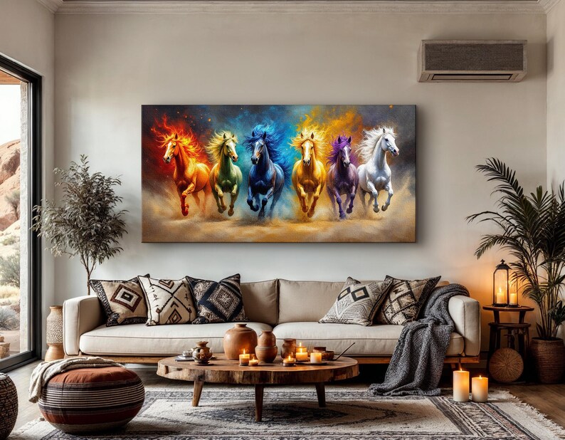 Mystical Horse Wall Art, Vibrant Running Horses Canvas Print, Fantasy ...