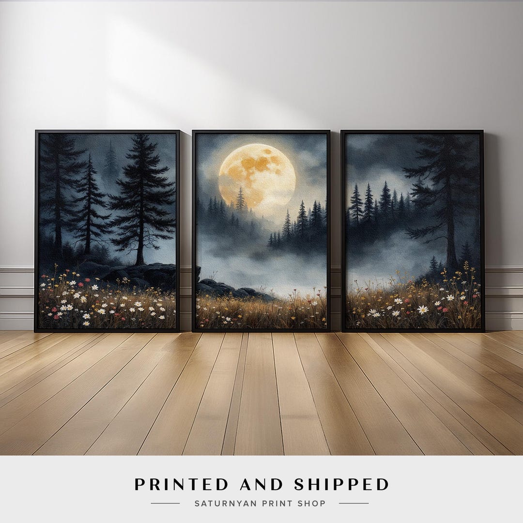 Moonlit Night Forest Wall Art Set of 3 | Full Moon Pine Tree Landscape ...