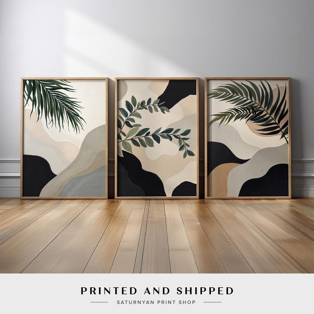 Palm Leaf and Plant Canvas, Poster Wall Art Set | Beige Black and Olive ...