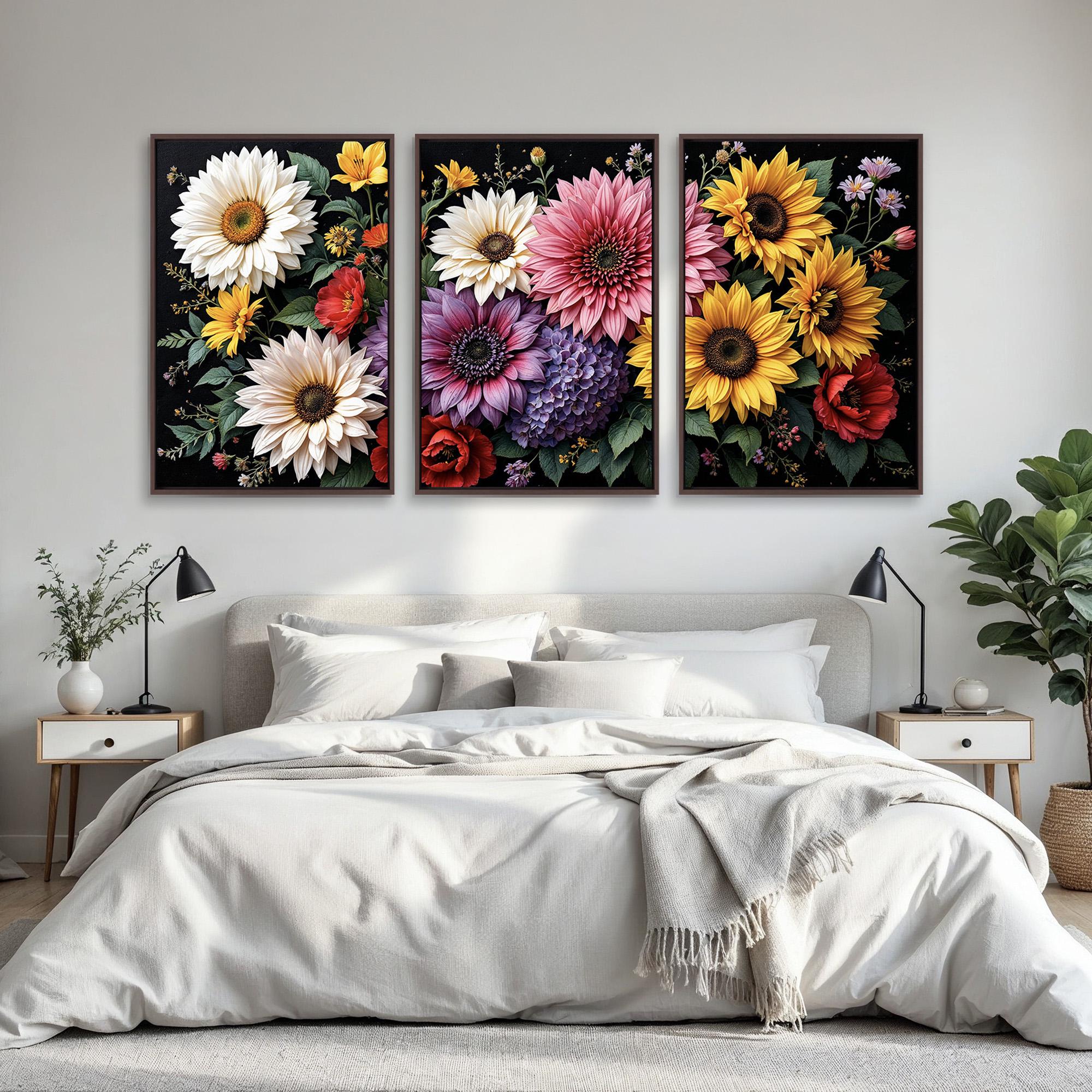 Floral Wall Art Set of 3 | Sunflower Daisy Dahlia and Rose Botanical ...