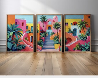 Vibrant Mediterranean Wall Art Set of 3 | Colorful Architecture and Palm Trees Canvas Prints for Living Room, Bedroom, or Office Decor