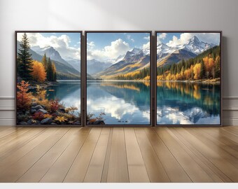 Mountain Autumn Trees Snowy Landscape Wall Decor Set of 3 | Scenic Lake and Crystal Reflections Canvas Prints | Rustic Nature Decor