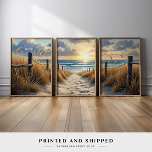 Coastal Path Wall Art Triptych | Beach Dunes and Ocean Sunset Canvas Prints | 3-Piece Set for Nautical Decor