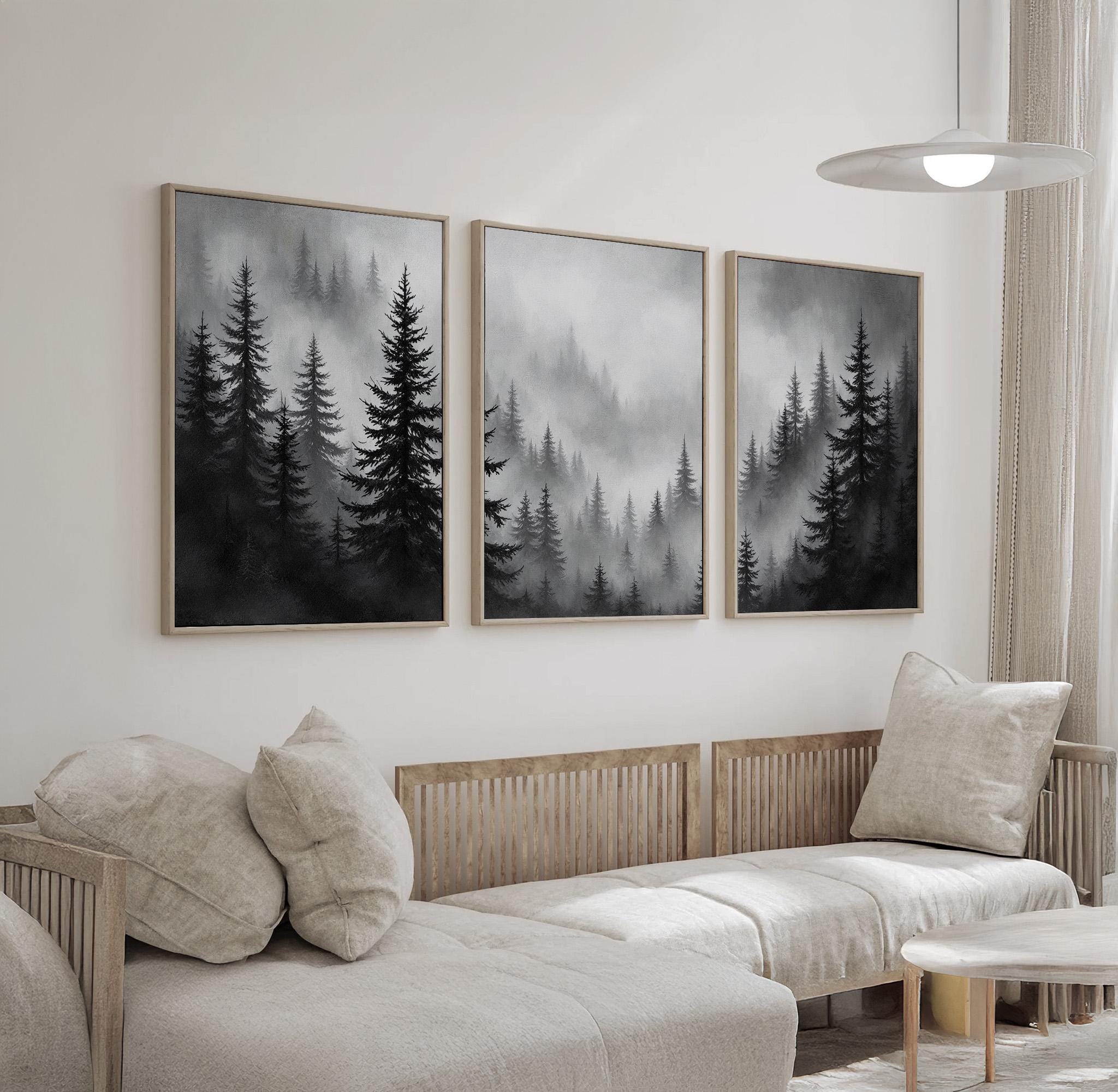 Misty Forest Wall Art Set of 3 | Black and White Pine Tree Landscape ...