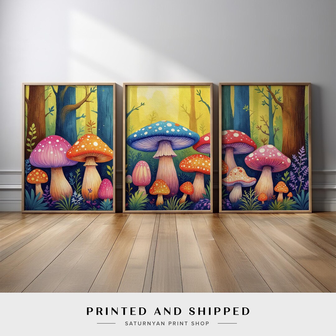 Colorful Mushroom Wall Art Set of 3 | Whimsical Forest Canvas Prints ...
