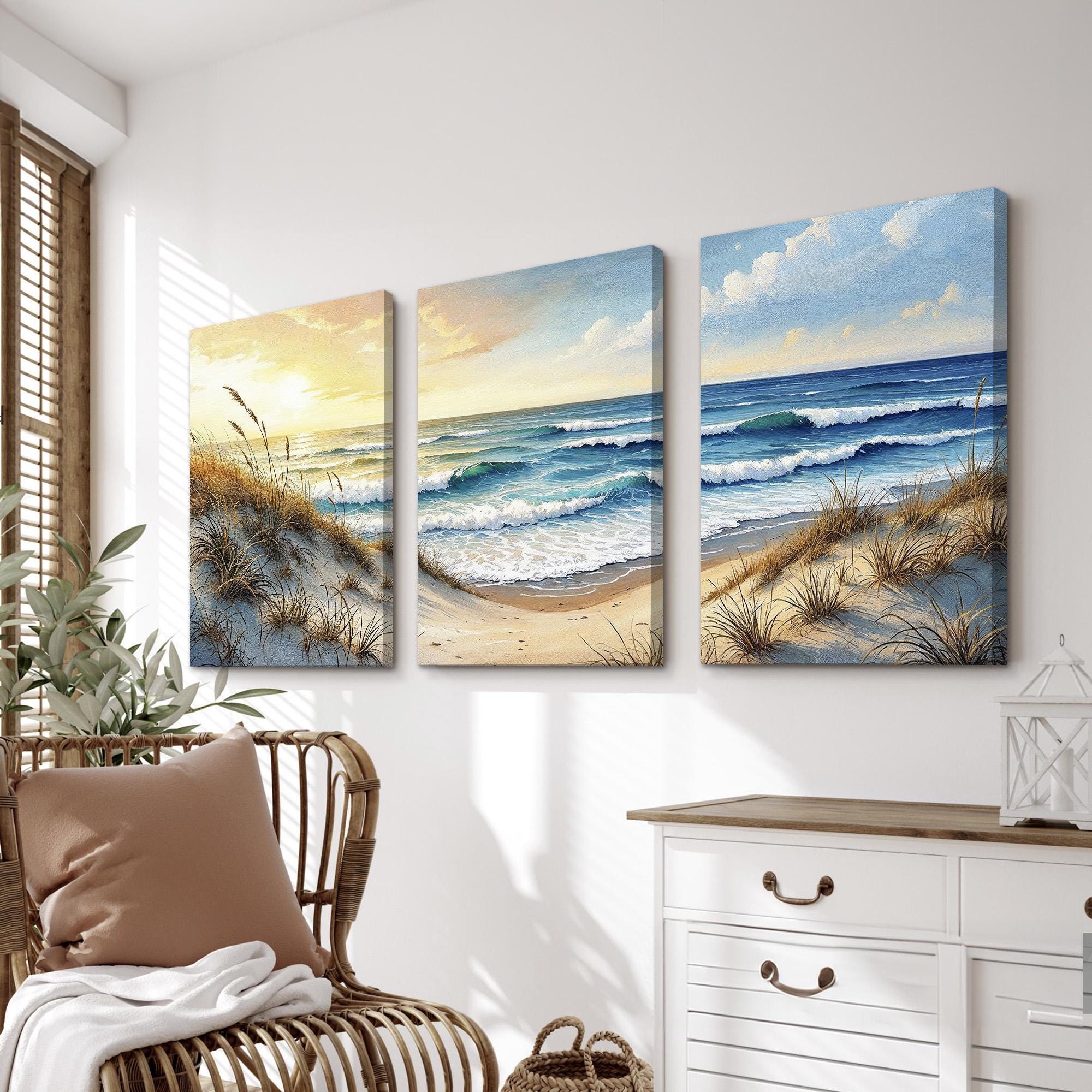 Beach Landscape Wall Art Set | Serene Ocean Waves and Sand Dunes ...