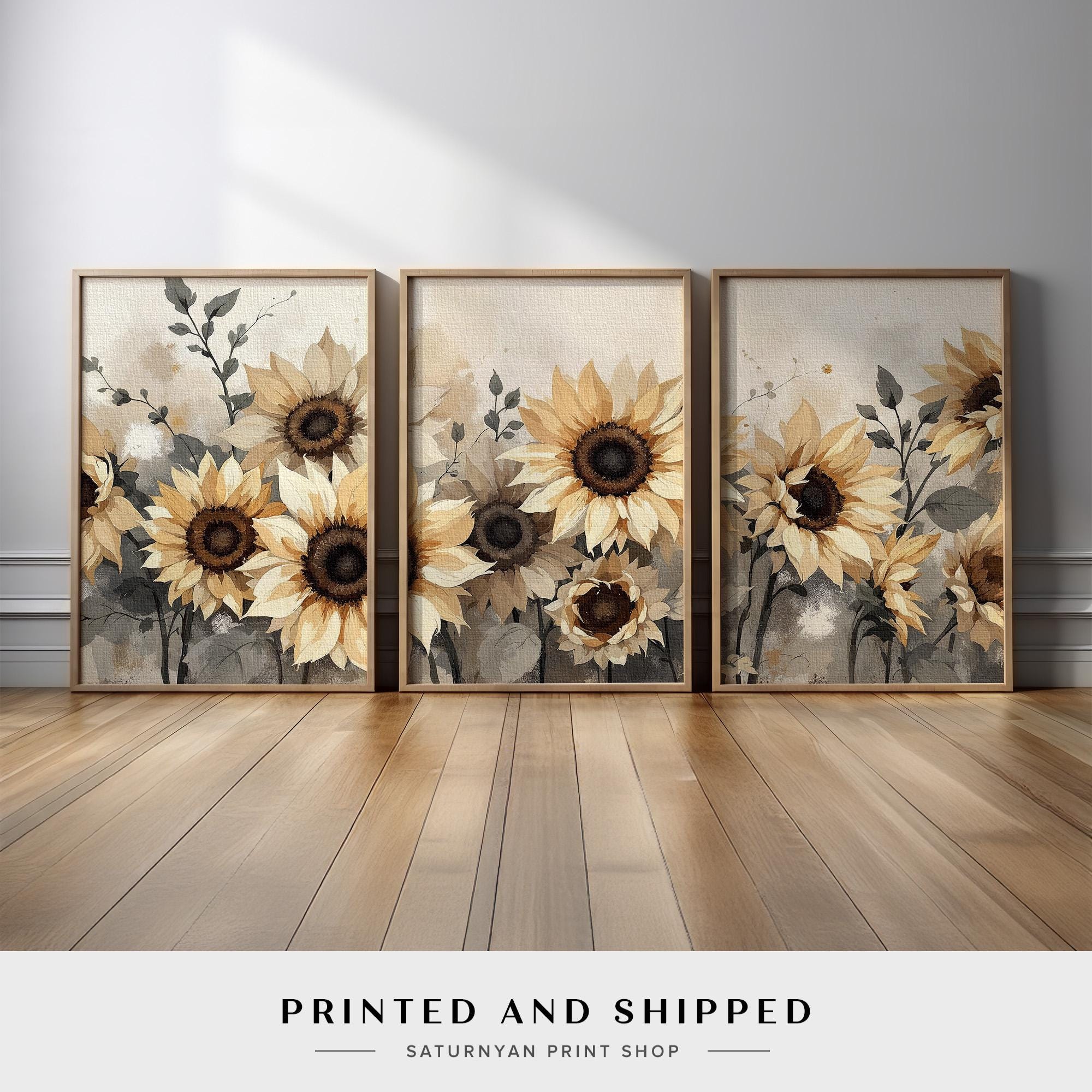 Sunflower Wall Art Set of 3 | Rustic Floral Triptych Canvas Prints With ...