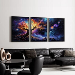 Cosmic Tree Wall Art Set of 3 | Vibrant Galaxy Triptych Canvas Prints ...