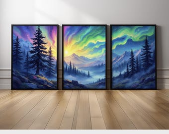 Northern Lights Wall Art Set of 3 | Aurora Borealis Forest Landscape Canvas Prints | Colorful Mountain for Nature Lovers & Modern Homes