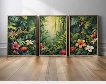Tropical Jungle Wall Art Set of 3 with Exotic Flowers and Lush Greenery | Botanical Triptych Canvas Prints | Tropical Forest Home Decor