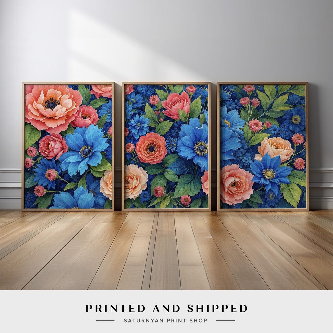 Modern Botanical Garden Wall Art Set of 3 | Blue Peach Coral Floral ...