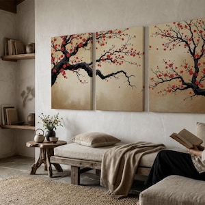 Japanese Cherry Blossom Wall Art, Sakura Tree Triptych, Asian Ink Painting, Zen Home Decor, Floral Canvas Print, Oriental Minimalist Art image 10