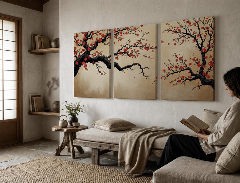 Japanese Cherry Blossom Wall Art, Sakura Tree Triptych, Asian Ink Painting, Zen Home Decor, Floral Canvas Print, Oriental Minimalist Art image 10