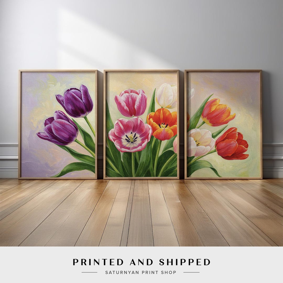 Spring Floral Wall Art Set of 3 | Tulip Flower Triptych in Pastel Tones ...