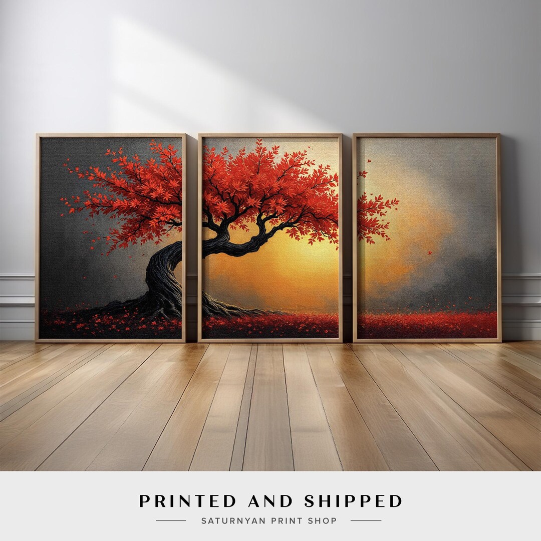 Sunset Tree Wall Art Set of 3 | Red Tree Canvas Triptych With Glowing ...