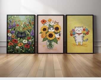 Cute Cat Wall Art Set of 3 | Whimsical Floral Cat for Nursery, Kids Room or Cat Lover Gift Decor Canvas Prints