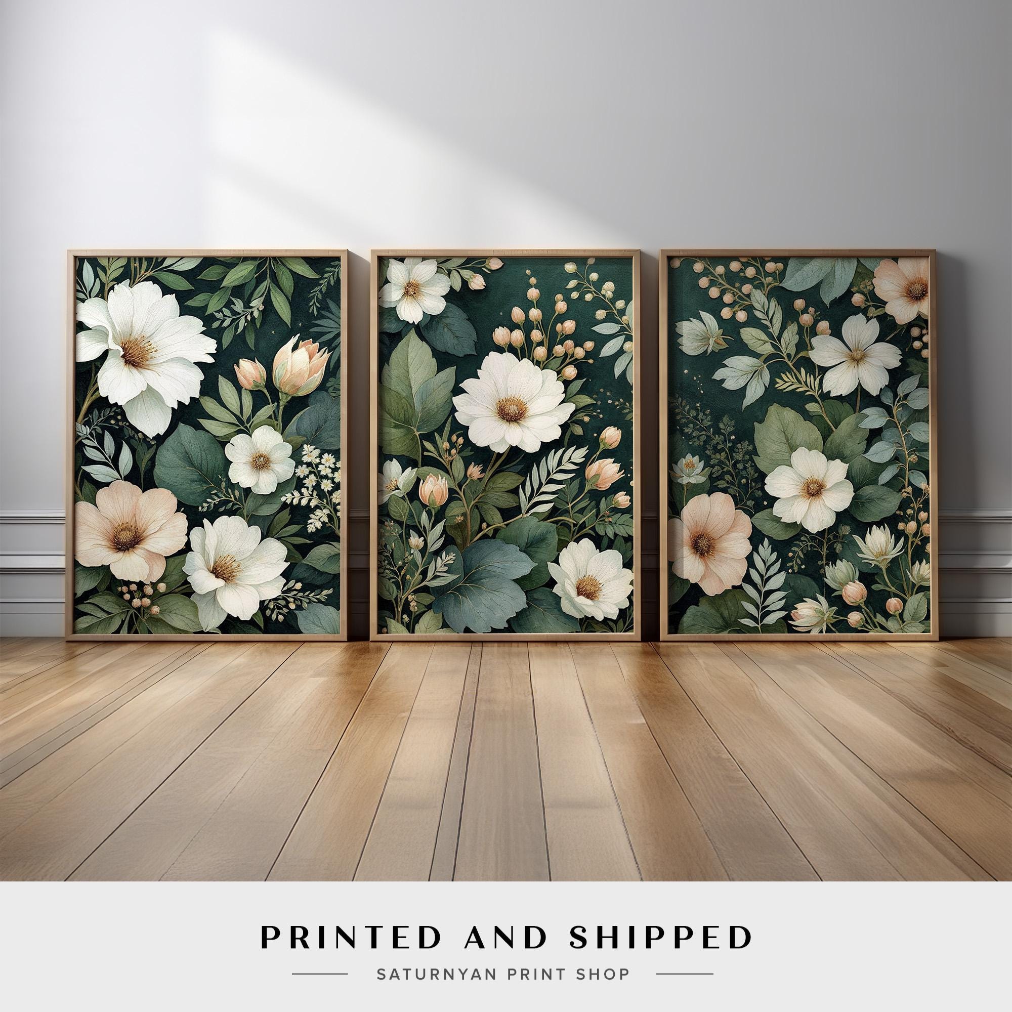 Forest Green Floral Wall Art | Set of 3 Elegant Lush Botanical