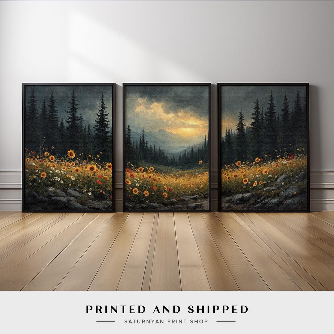 Mountain Landscape Wall Art Set of 3 | Wildflower Field Sunset Canvas ...