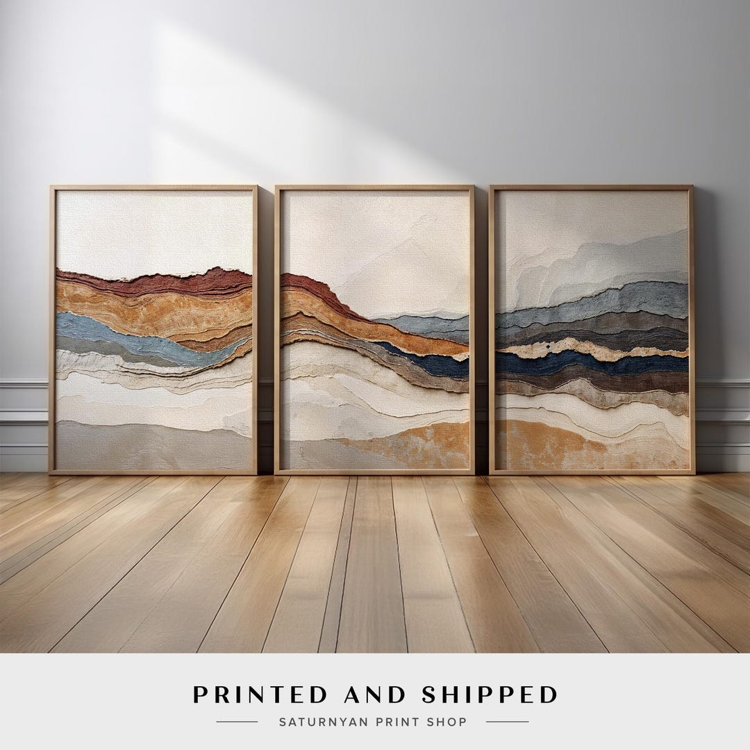 Neutral Abstract Wall Art Set | Beige and Blue Earth Tone Canvas Prints ...