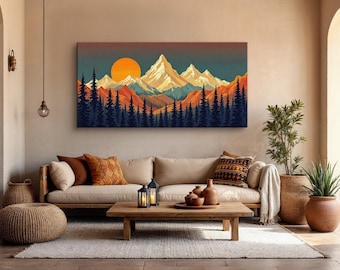 Mountain Landscape Wall Art, Nature Canvas Print, Sunset Forest Painting, Rustic Home Decor, Outdoor Adventure Gift, Cabin Wall Decor