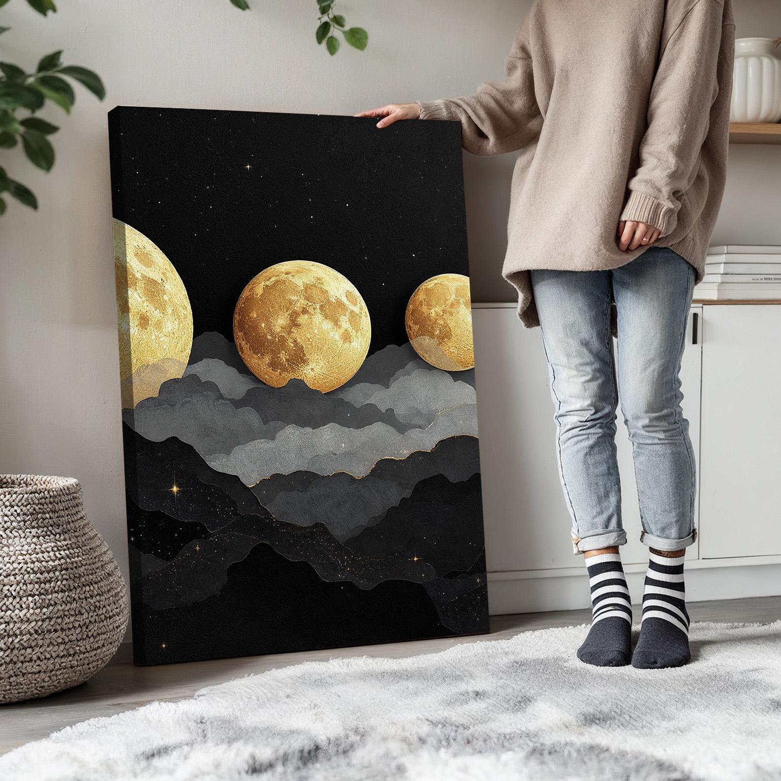 Modern Moon Phase Wall Art | Set of 3 Celestial Canvas Prints in