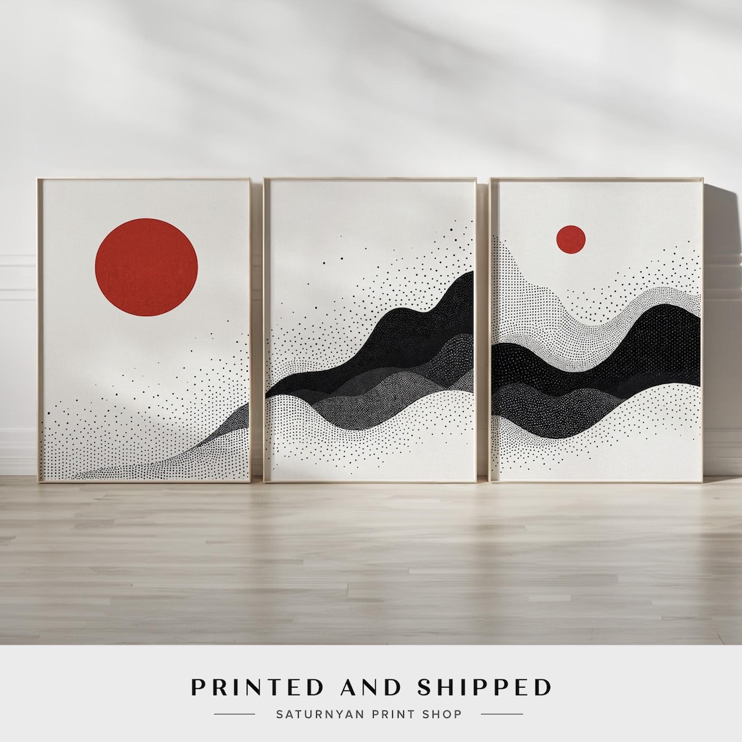 Japanese-inspired Wall Art | Set of 3 Black and White Abstract Dotted ...